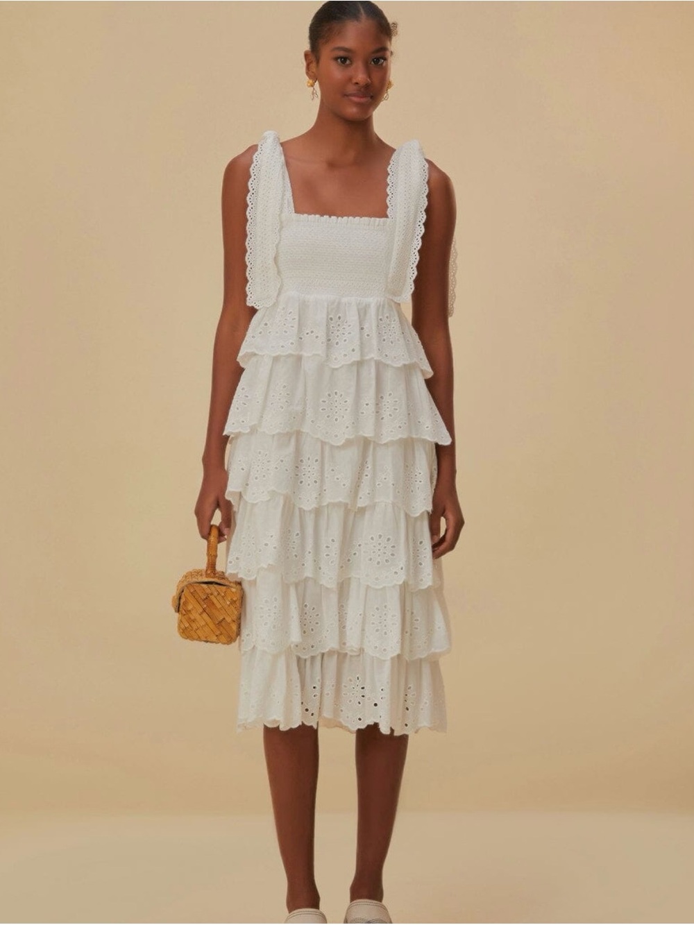 FARM Rio White Eyelet embroidered Tiered Midi Dress with Scalloped Straps
